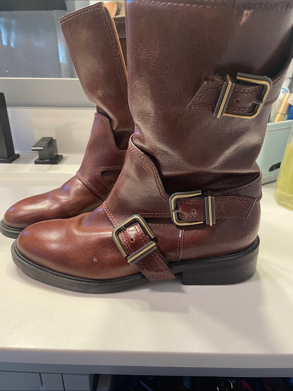 Vince Camuto Cognac Leather Buckle Ankle Boots